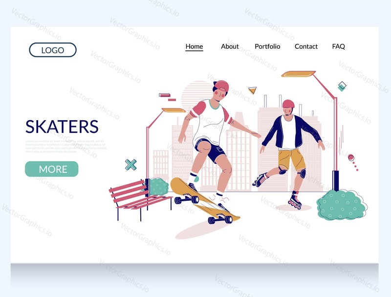 Skaters vector website template, landing page design for website and mobile site development. Two boys skaters enjoying skateboarding and roller skating in the park. Summer activities for teens.