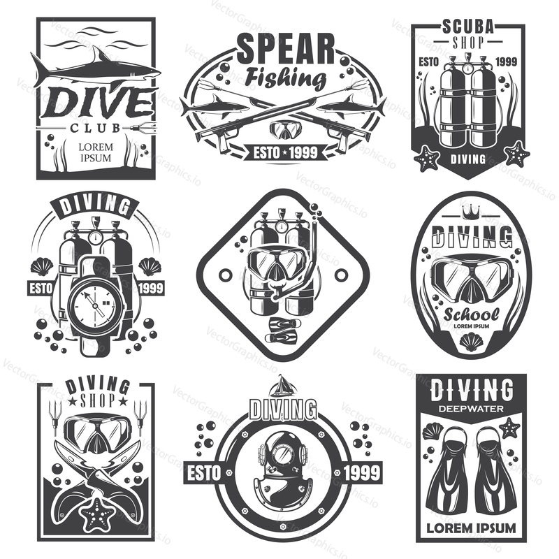 Potápění a spearfishing vintage logo, odznak, sada emblémů, vektorové monochromatické ilustrace. Škola hlubokého potápění, klub, obchod černé štítky izolovaných na bílém pozadí. Podvodní dobrodružství.
