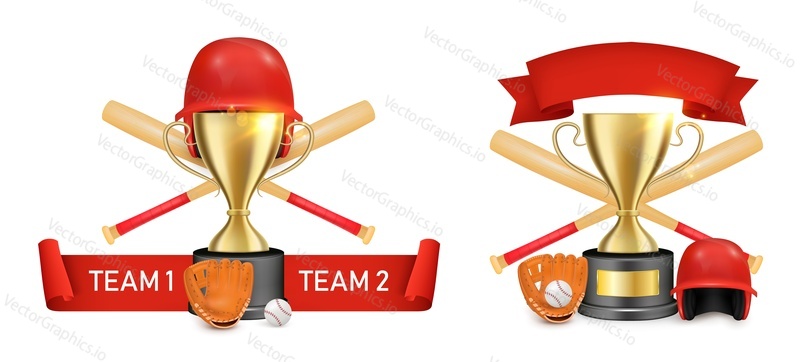 Baseball sport game club, championship, college league label, logo, badge set, vector isolated illustration. Baseball tournament team winner award cup, helmet, crossed bats, mitt, ribbon.