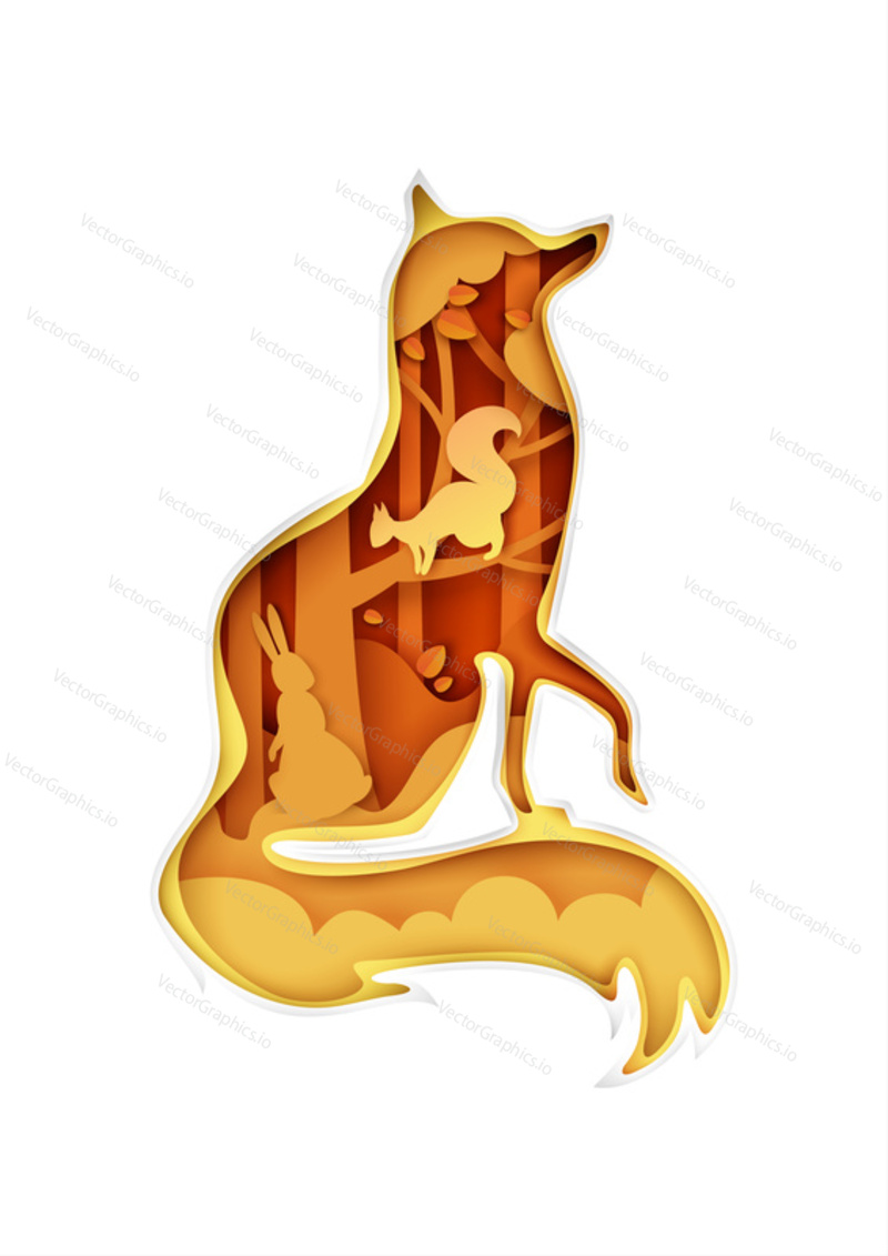 Fox silhouette with forest nature landscape, bunny and squirrel wild animals inside, vector illustration in paper art style. The beauty of nature. Save animals, protect wildlife. Multiple exposure.