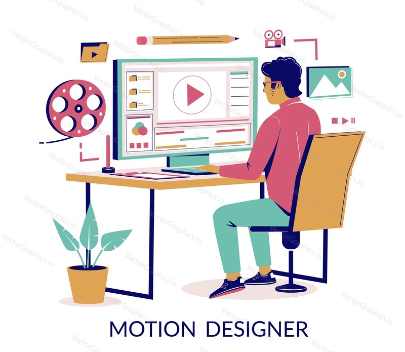 Motion designer animator pracuje na počítači a vytváří animované video, zatímco sedí u stolu, vektorové ploché izometrické ilustrace. Koncept služeb pohybového grafického studia pro webový banner, webovou stránku atd.
