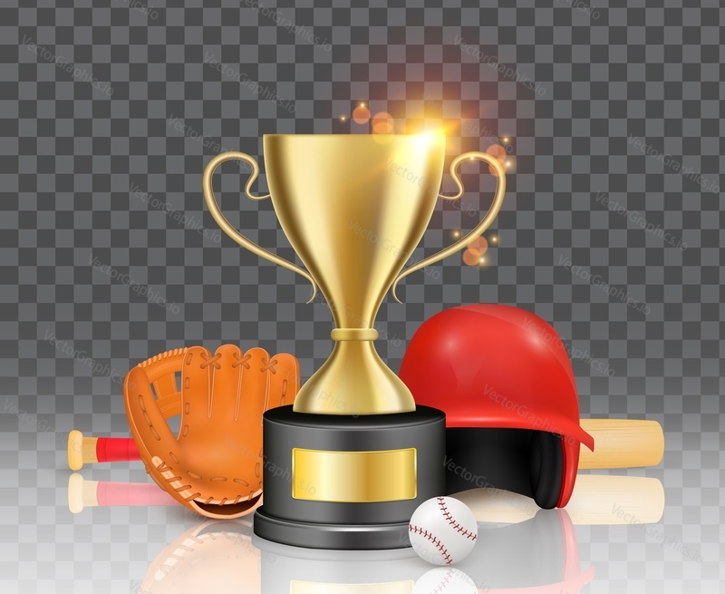 Baseball sport game Championship vítěz ocenění, vektorové ilustrace. Realistický zlatý pohár, baseballová rukavice, helma, míč a pálka na průhledném pozadí.