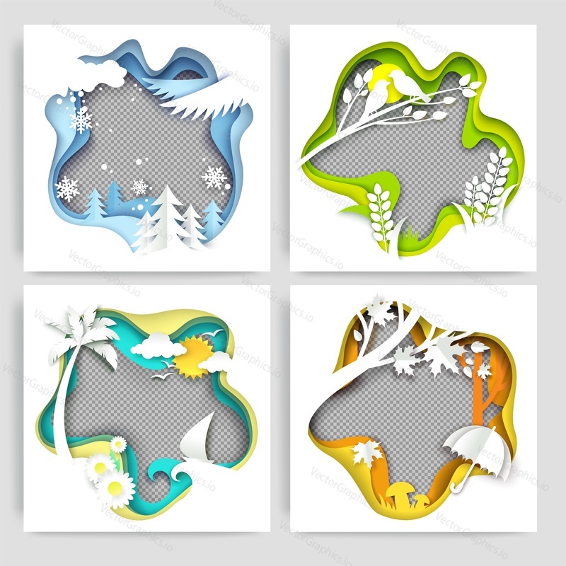 Seasonal social media story, post, poster, banner template set. Vector illustration in paper art style. Winter, spring, summer and autumn backgrounds, wallpapers, frames.