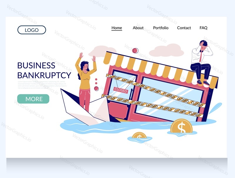Business bankruptcy vector website template, landing page design for website and mobile site development. Sinking retail store like sinking boat. Business failure, economic collapse.