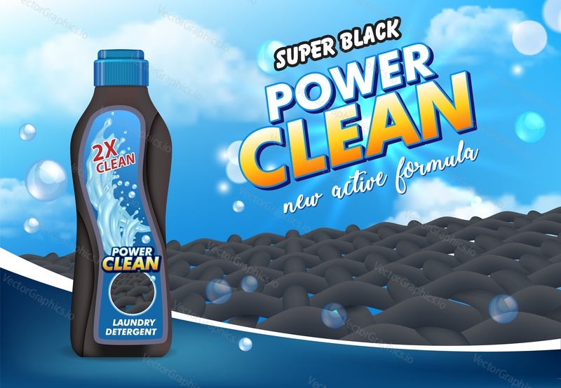 Tekutý prací prostředek reklamní plakát šablona. Vektorové 3D ilustrace. Super black power clean prací prostředek v realistické plastové lahvičce se štítkem, strukturou tkaniny, mýdlovými bublinami.