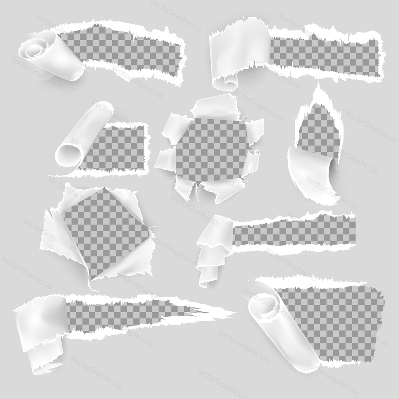 Creative paper cut craft style frame set, vector illustration. Realistic hole torn in paper sheet. Torn paper with ripped edges.