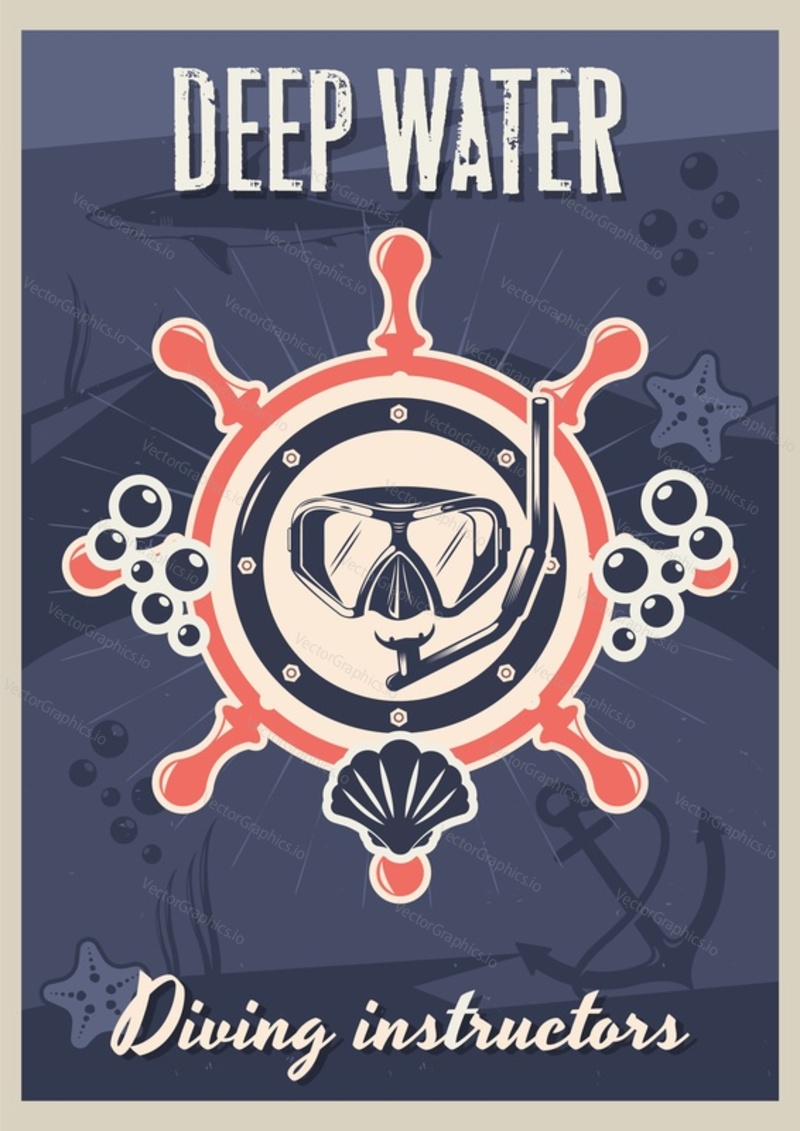Scuba diving instructors vintage typography poster template, vector illustration. Scuba diving and snorkeling center or school logo, emblem.