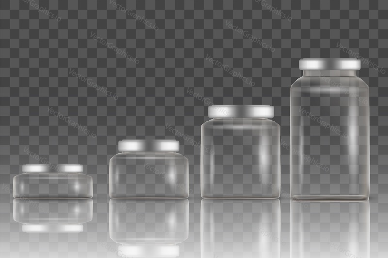 Realistic empty glass jar mockup set, vector illustration isolated on transparent background. Different size glass jars for food preservation.