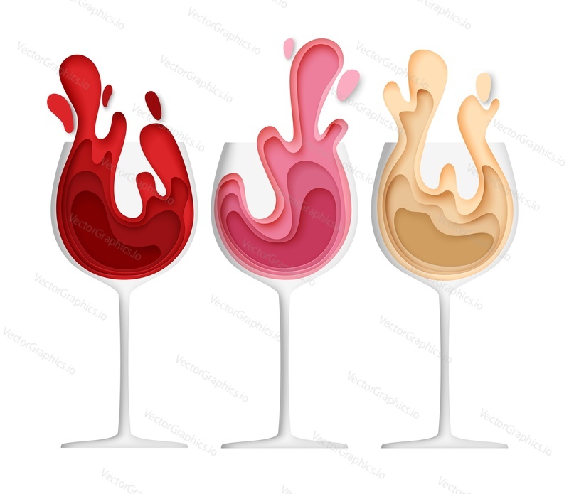 Sklenice na víno s vínem splash, vektorové ilustrace v papírovém uměleckém stylu. Červené, růžové, bílé víno ve sklenicích pro menu restaurace, logo vinárny, karta, plakát, banner, leták, štítek.