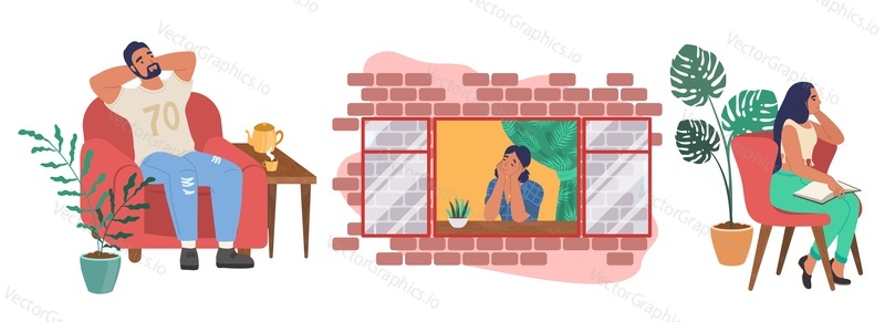 Lidé sní scéna set, ploché vektorové ilustrace izolovaných na bílém pozadí. Zasněný muž, ženské kreslené postavičky relaxaci doma a myšlení sedí v křesle, u okna, čtení knihy.