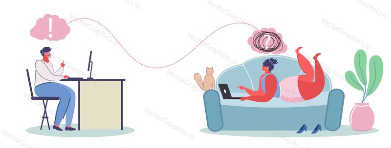 Online psychological help service, vector flat illustration. Psychotherapy session with professional online counselor psychotherapist counseling patient female having emotional, family problems etc.