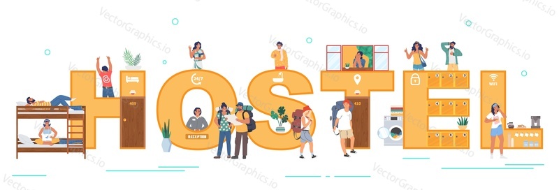 Hostel typography banner, flat vector illustration. Budget tourists, students living in hostel, dormitory room. Receptionist waiting for guests, travelers. Cheap hotel accommodation, bed and breakfast