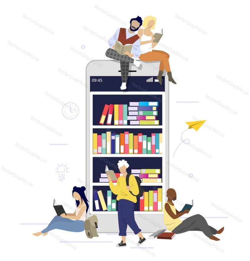 Огромный смартфон с книжными полками, полными книг на экране, и люди, читающие книги, векторная плоская иллюстрация. Электронная книга, концепция цифровой библиотеки для веб-баннера, страницы веб-сайта и т.д.