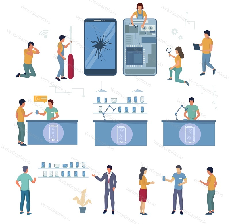 Mobile service center, electronics repair shop cartoon character set, flat vector isolated illustration. Repairman, technician with tools changing broken screen, customers. Mobile phone repair service