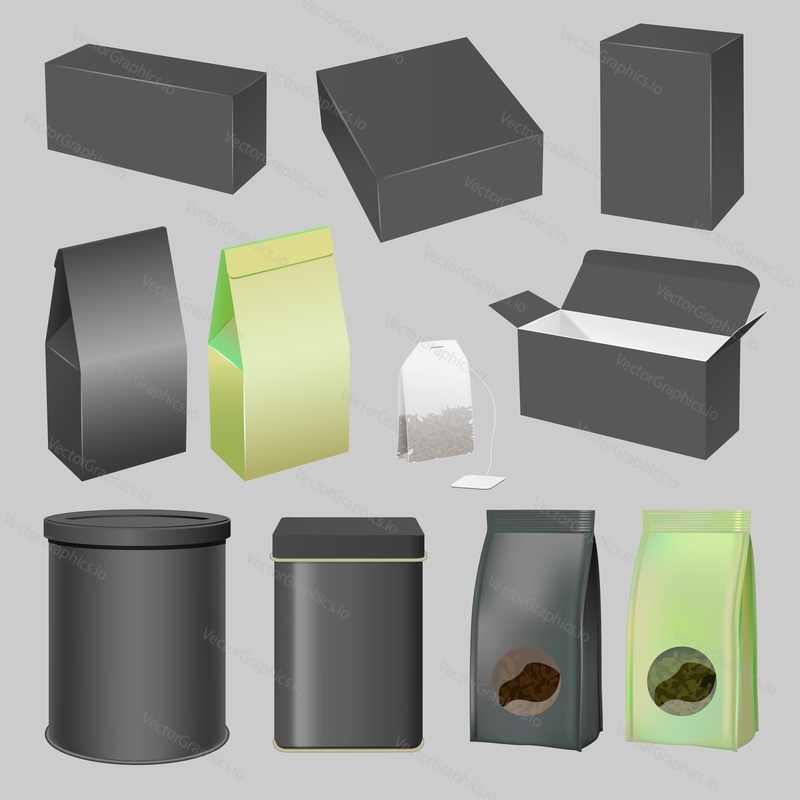 Black tea package mockup set, vector illustration. Realistic blank tea packaging boxes, pouches with transparent windows and teabag.