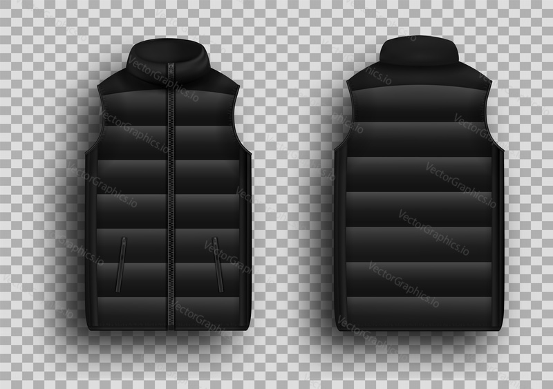 Black winter puffer vest, sleeveless jacket mockup set, vector illustration isolated on transparent background. Realistic warm waistcoat, down padded vest, front and back view.