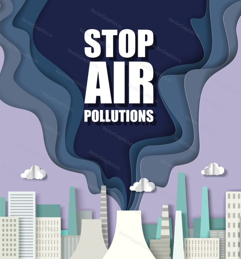 Paper cut craft style city skyline, smoke from air polluting factory chimney or thermal power plant. Stop air pollution vector poster template. Environmental problems, ecology.