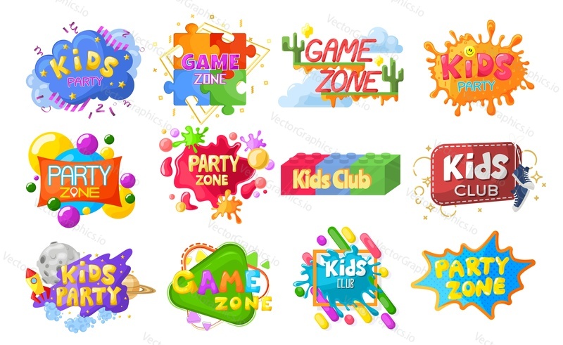 Kids party emblem, logo, banner set, flat vector illustration isolated on white background. Children playground, game room, playroom labels. Kids club, game zone decoration.