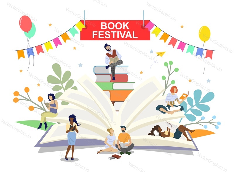 Векторный шаблон баннера плаката книжного фестиваля. Читатели разнообразные персонажи мультфильмов мужского и женского пола, читающие книги во время ходьбы, сидя, лежа, иллюстрации дизайна в плоском стиле. Литературное мероприятие, книжная ярмарка