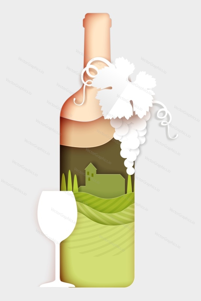 Papír řezané bílé víno láhev se sklem a hrozny, vektorové ilustrace. Vinařství, Vinárna reklamní plakát, banner, leták, šablona karty.