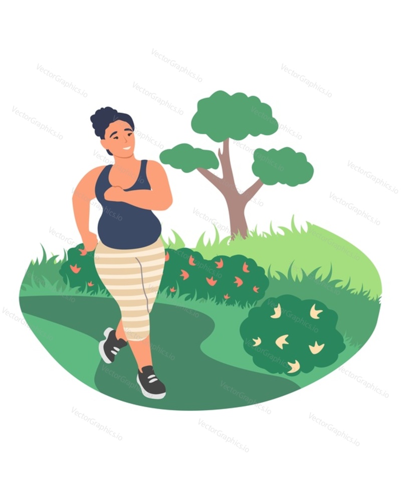 Obesity and weight problems. Fat woman jogging in the park, flat vector illustration. Weight loss and healthy lifestyle.