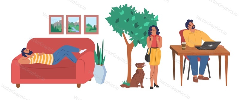 Lidé sní scéna set, ploché vektorové izolované ilustrace. Zasněné mužské a ženské kreslené postavičky přemýšlet o něčem při relaxaci doma, procházky se psem, práce na počítači.