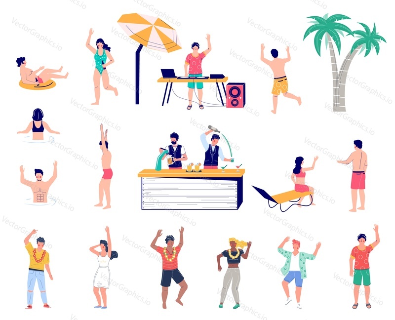Beach party cartoon character set flat vector isolated illustration. Dj playing disco music, barmen pouring beer, people swimming in pool, floating in rubber ring, dancing, having fun. Summer vacation