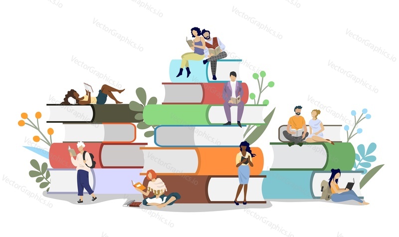 Diversity people readers male and female characters reading books while sitting on book pile, vector flat illustration. Literary festival concept for web banner, website page etc.