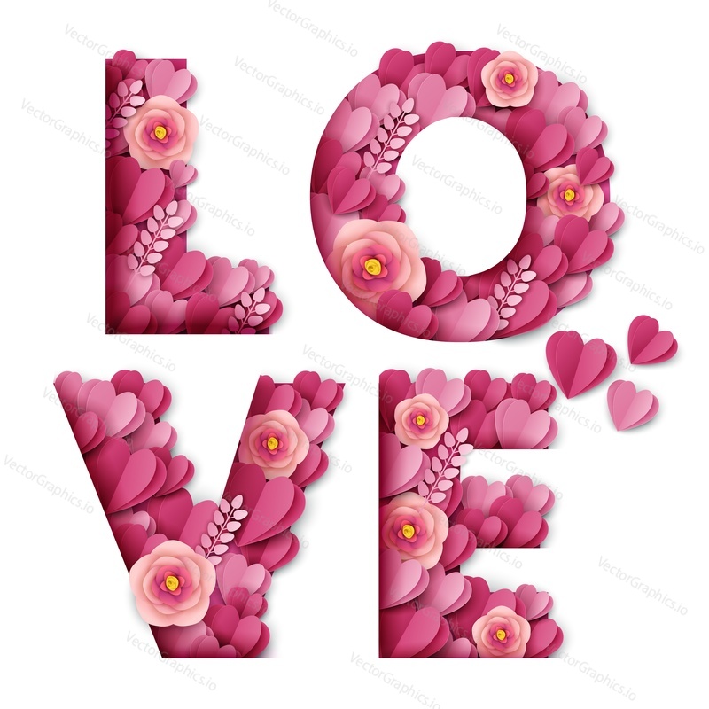 Love word made of beautiful paper cut pink flowers and hearts. Wedding invitation, Valentines Day greeting card design. Vector illustration in paper art style. Floral Love typography banner template.