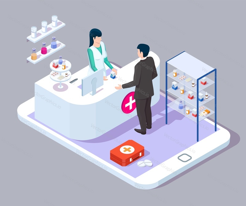 Izometrický lékárenský pult, lékárník a pacient na obrazovce smartphonu, vektorové ilustrace. Interiér drogerie s policemi, farmaceutické regály plné drog. Lékárna.