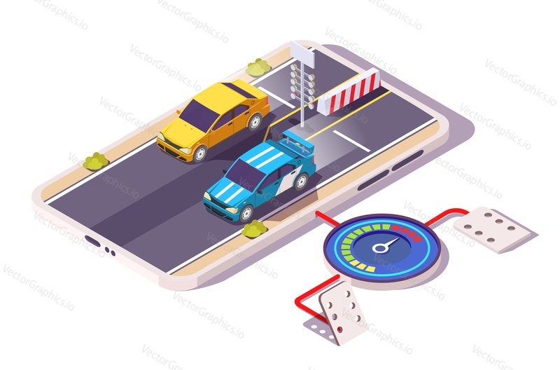 Isometric race cars on smartphone screen, flat vector illustration. Mobile gaming. Car racing game on mobile phone.