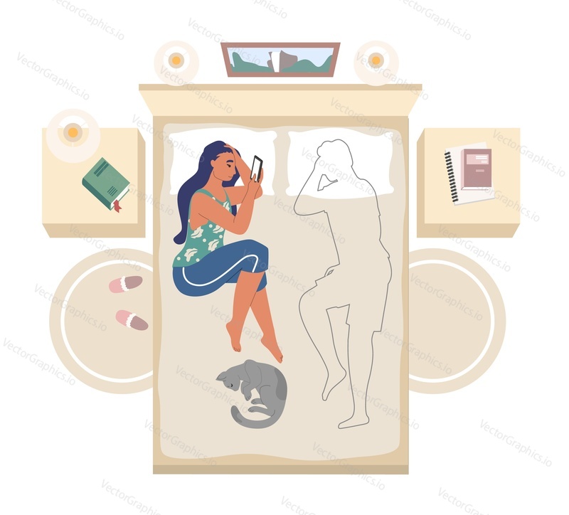 Young woman lying on bed alone holding smartphone and thinking about her boyfriend, flat vector illustration. Unhappy girl and her pet cat sleeping at her feet. Bedroom interior. Loneliness, divorce.