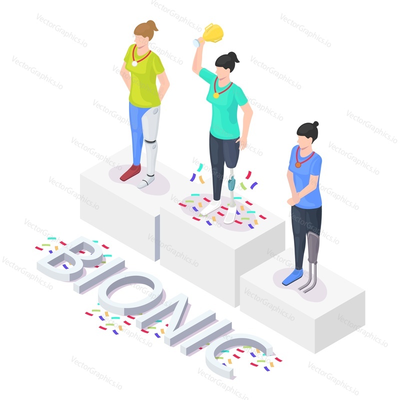 Isometric female characters, top three competitors of sport event using bionic limbs, leg prosthetics standing on winner podium, flat vector illustration. Bionics technologies.