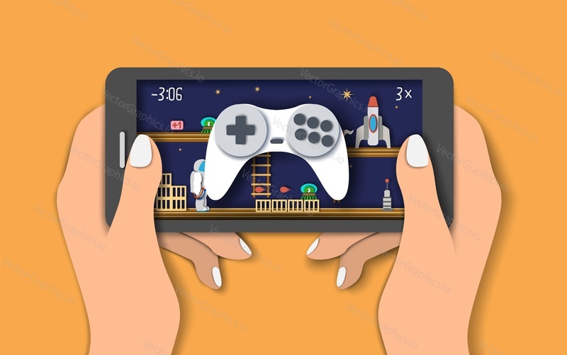 Мобильные игры, векторная иллюстрация дизайна в плоском стиле. Руки держат смартфон с дизайном пользовательского интерфейса космической видеоигры и игровым контроллером. Концепция мобильного игрового приложения.