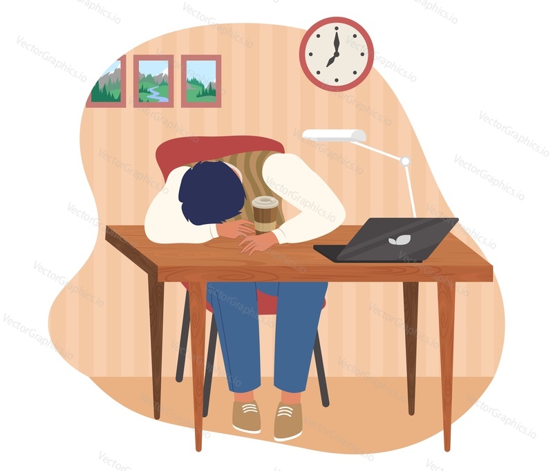 Young man sleeping while sitting at desk in office, flat vector illustration. Sleepy employee cartoon character, tired office worker.
