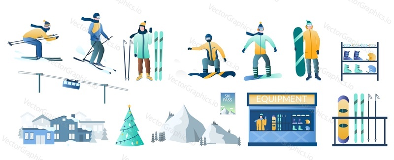 Winter ski resort set, vector isolated illustration. Skier and snowboarder cartoon characters, cable car, mountain slope, hotel, ski and snowboard equipment for rent. Winter travel outdoor activity.