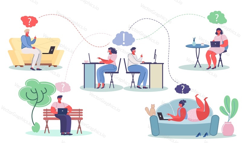 Operátoři horké linky muž a žena v headsetu pomocí notebooků a odpovídání na otázky svých zákazníků, vektorové ploché izolované ilustrace. Technická podpora, call centrum a zákaznická podpora.