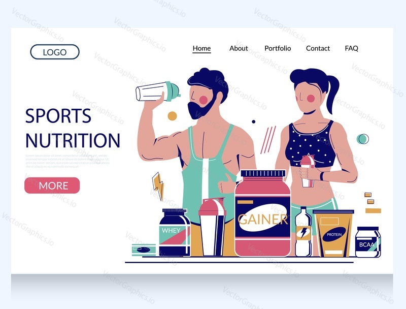 Sportovní výživa vektorová šablona webových stránek, design vstupní stránky pro vývoj webových stránek a mobilních stránek. Fitness lidé pijí proteinový koktejl. Kulturistika sportovní výživa, energetické nápoje.