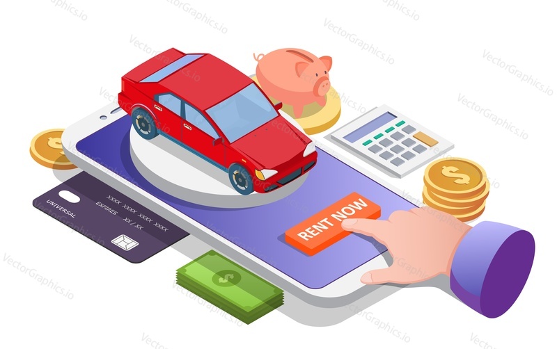 Isometric smartphone with red auto on screen, flat vector illustration. Rent car online concept. Car rental app.