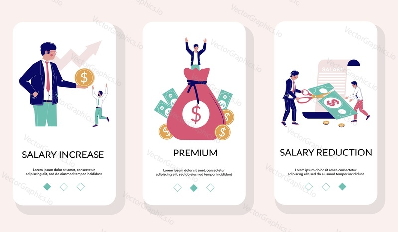 Plat mobilní aplikace onboarding obrazovky. Menu banner vektorová šablona pro vývoj webových stránek a aplikací. Zvýšení a snížení platu, prémie, bonusy.
