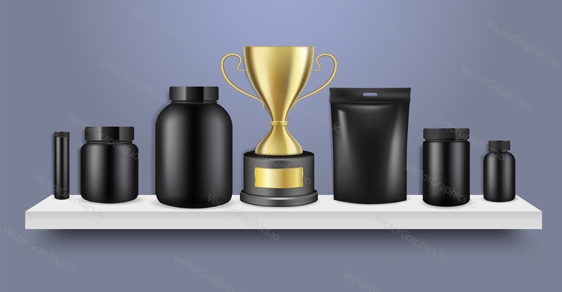 Černá sportovní výživa balení kontejner maketa set, vektorové ilustrace. Realistická prázdná plastová nádoba, fóliový sáček doypack na syrovátkový protein, sportovní doplňky stravy a vitamíny.