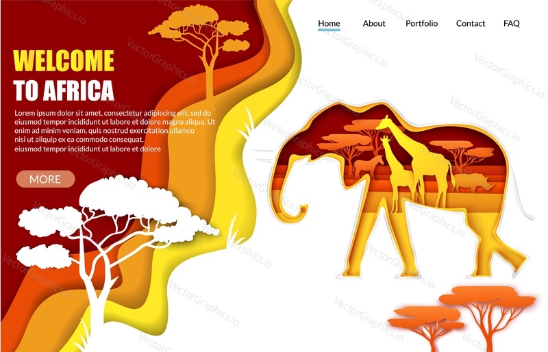Vítejte v šabloně webových stránek Africa vector, design vstupní stránky pro vývoj webových stránek a mobilních stránek. Silueta slona řezaného papírem s Africkou přírodou žirafy nosorožec zebra uvnitř. Cestování do Afriky.