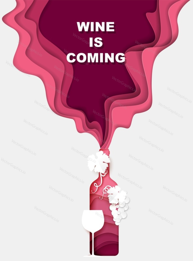 Paper cut red wine bottle, splash, wineglass and bunch of grapes, vector illustration. Wine is coming typography poster, banner, card, flyer template.