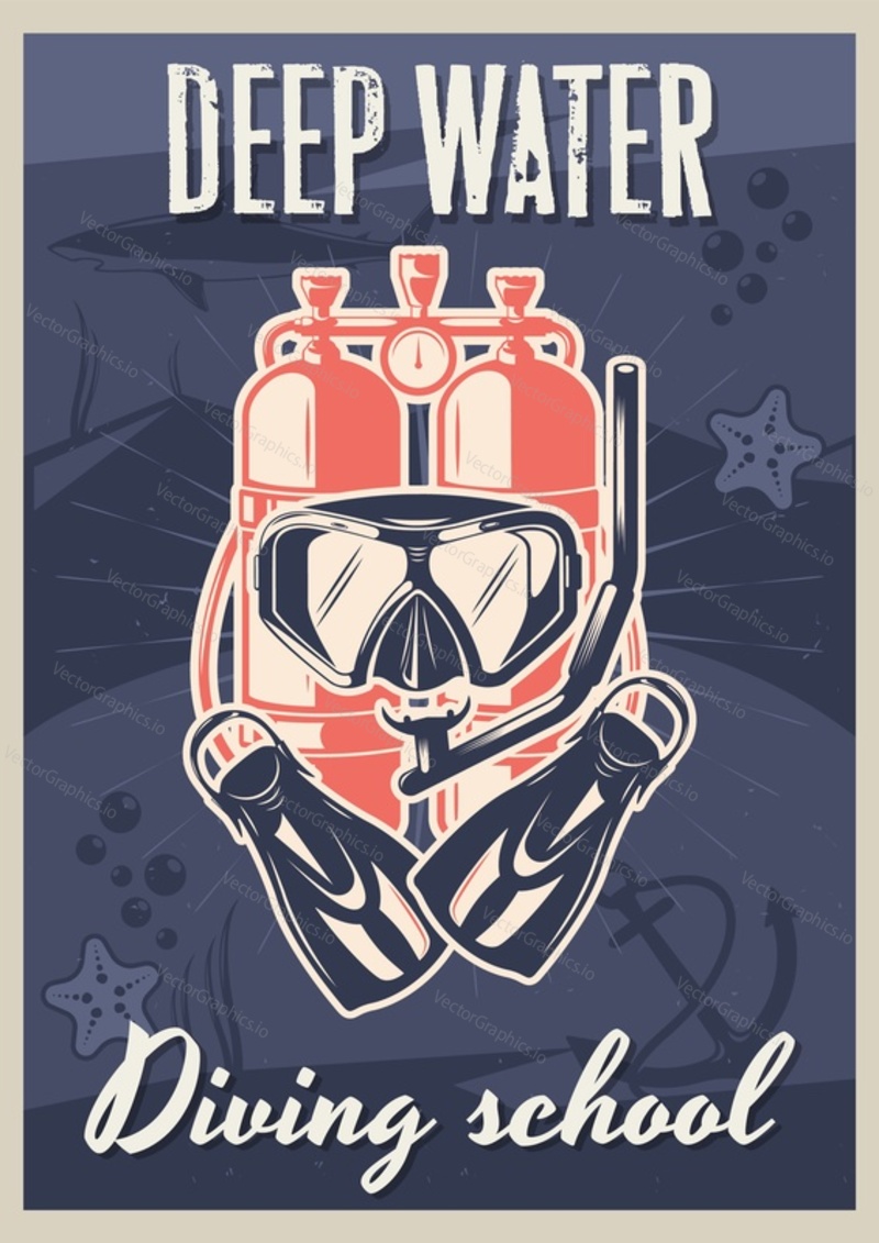 Škola potápění vintage typografie plakát šablona, vektorové ilustrace. Aqualung, maska, šnorchl a ploutve potápěčské vybavení. Kurzy potápění, podvodní dobrodružství, plážová volnočasová aktivita.