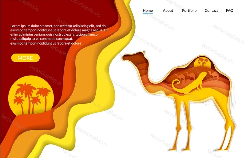 Desert trip vector website template, landing page design for website and mobile site development. Paper cut camel silhouette with Sahara desert nature lizard caravan inside. Tourism travel camel ride.