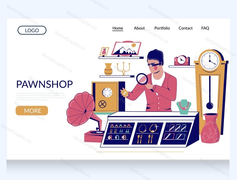 Pawnshop vector website template, landing page design for website and mobile site development. Pawnshop expert appraiser looking at jewelry, expensive valuable thing under magnifying glass.