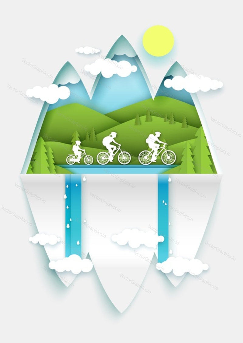 Family bike travel. Happy father, mother and kid with backpacks riding bicycles. Vector illustration in paper art style. Family vacation, cycling adventure poster banner template. Biking tourism.