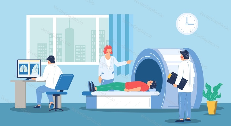 Počítačová tomografie hrudníku, ploché vektorové ilustrace. Lékař při pohledu na CT snímek plic pacienta na obrazovce monitoru. Pulmonologická diagnostika. Radiografické zařízení pro vyšetření plic.