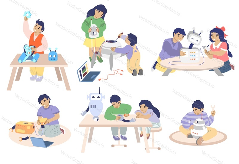 Robotika školní znaková sada, vektorové ploché izolované ilustrace. Chlapci a dívky studenti, děti studující robotiku, stavební roboty, hraní s hračkami robotů. Škola robotického inženýrství.
