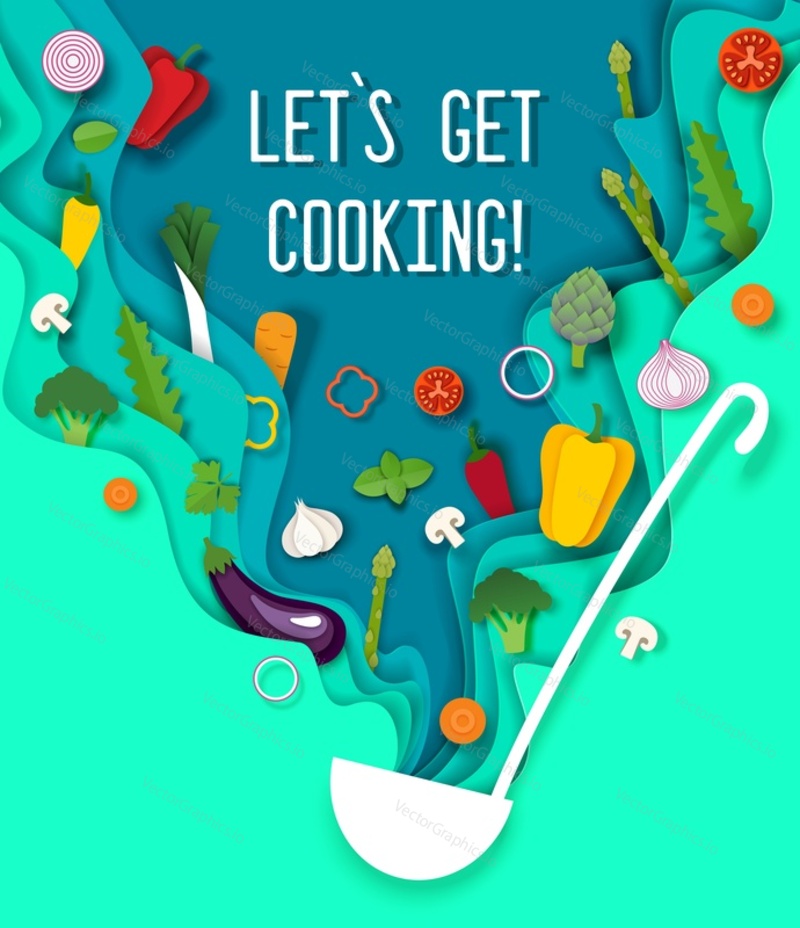 Paper cut craft style soup ladle with fresh vegetables, vector illustration. Healthy organic food. Cooking poster design template.